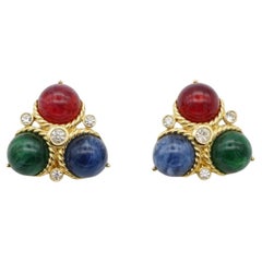 Trifari Vintage Rare Ruby Sapphire Emerald Crystals Cabochon Triangle Earrings