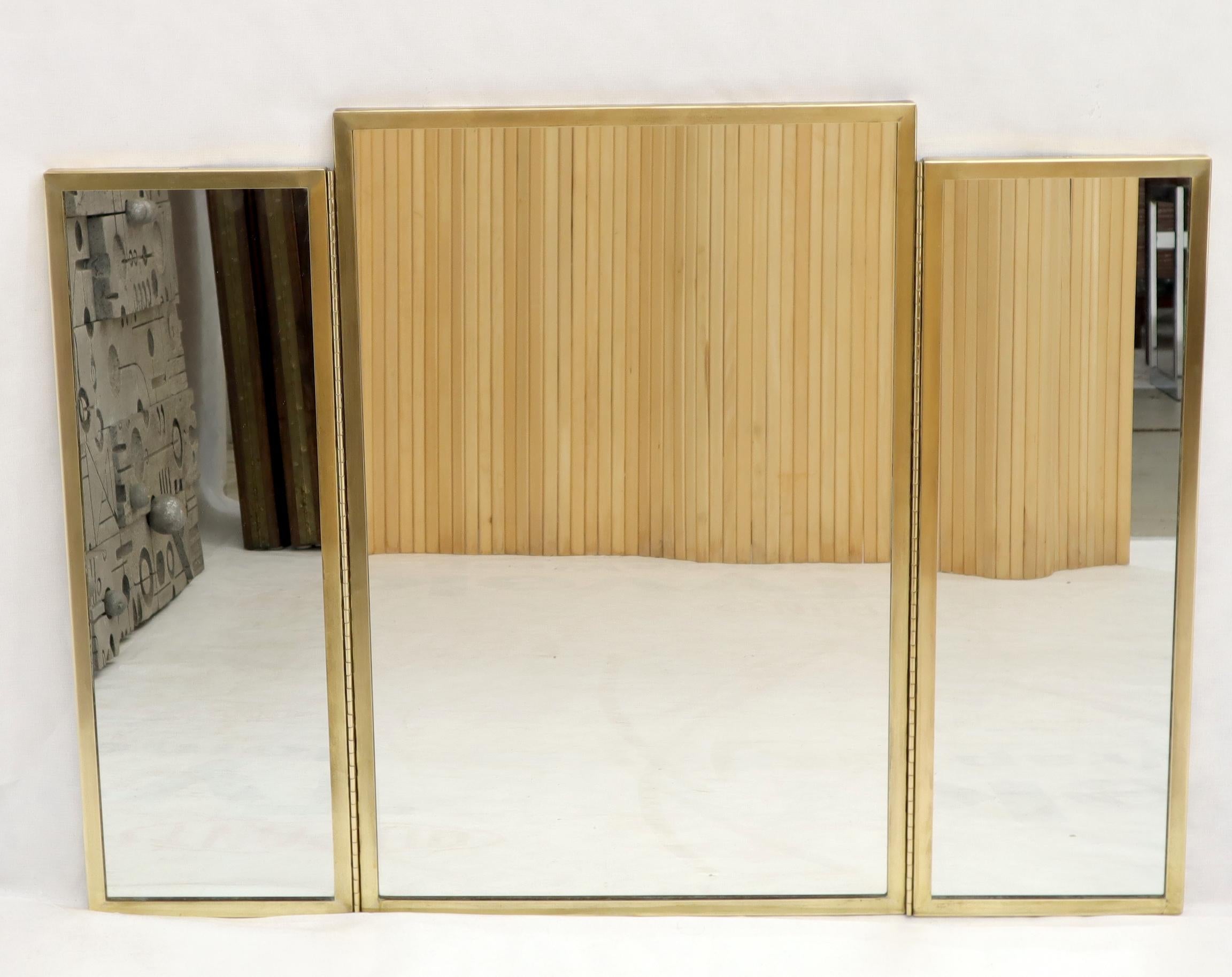 Mid-Century Modern Trifold Brass Wall or Freestanding Dresser Top Mirror For Sale