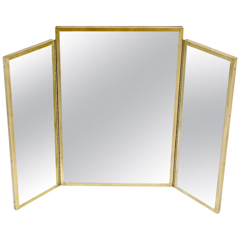 Trifold Brass Wall or Freestanding Dresser Top Mirror For Sale at