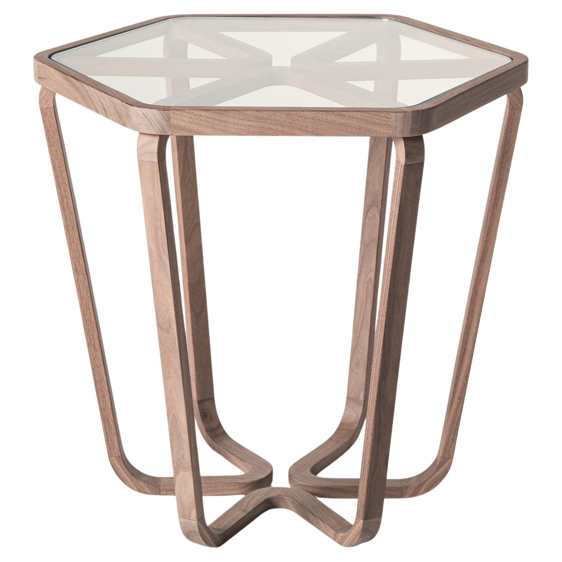 Trifolio Shamrock Side Table in Walnut and Glass Top For Sale