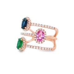 TriGemstone Sapphire Emerald & Pink Sapphire Ring with Diamonds in 14K Rose Gold