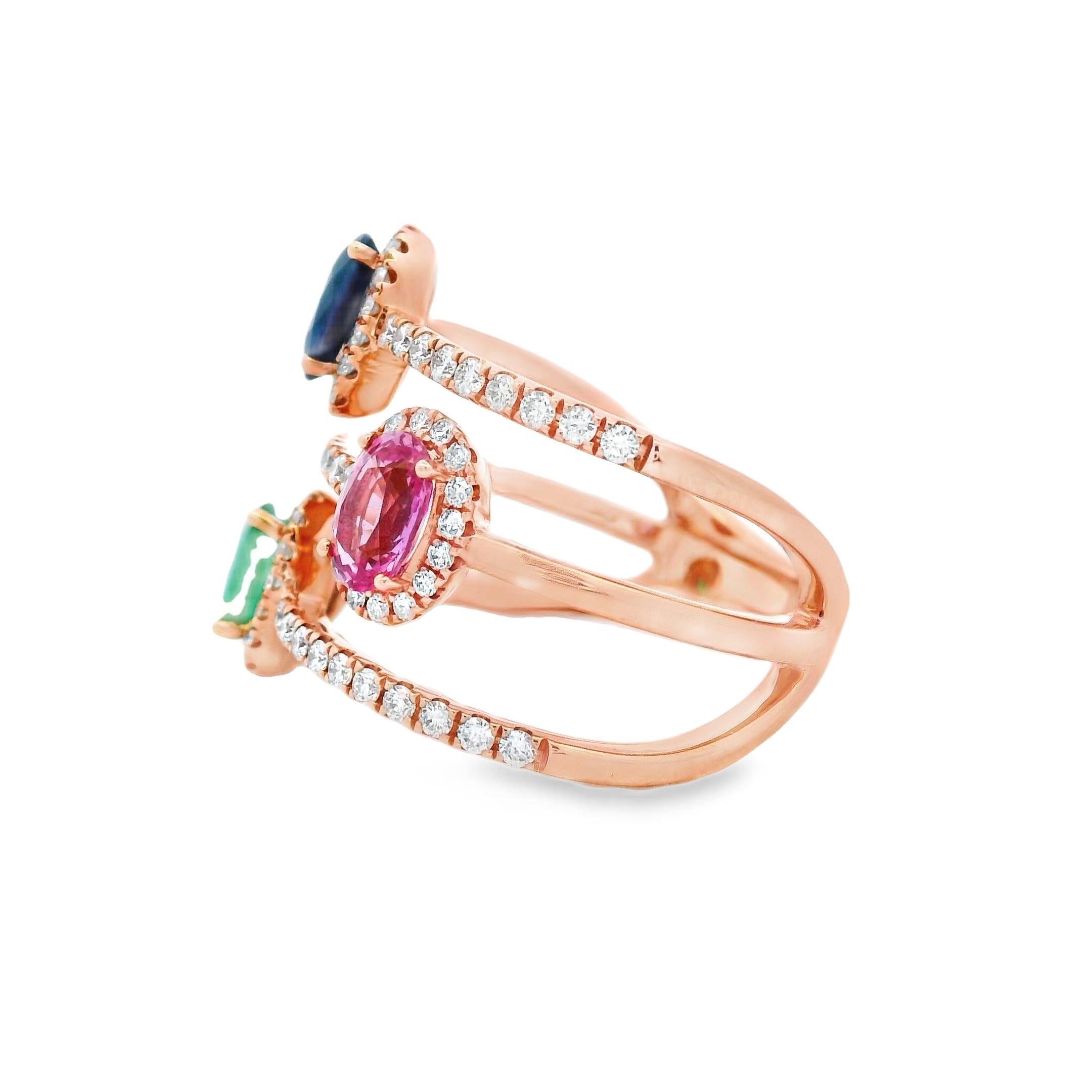 TriGemstone Sapphire Smaragd & Pink Sapphire Ring mit Diamanten aus 14K Rose Gold (Zeitgenössisch) im Angebot