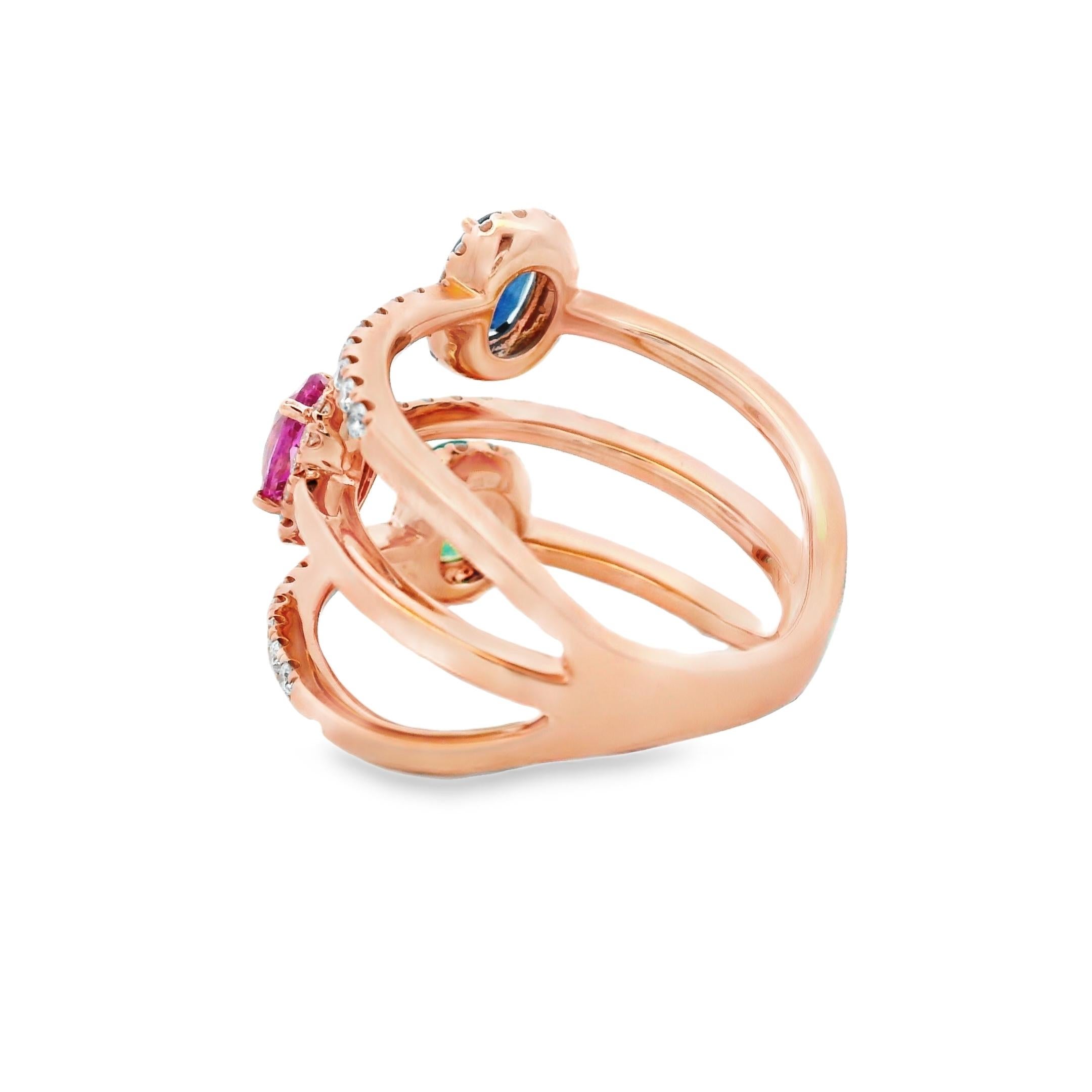 TriGemstone Sapphire Smaragd & Pink Sapphire Ring mit Diamanten aus 14K Rose Gold (Ovalschliff) im Angebot