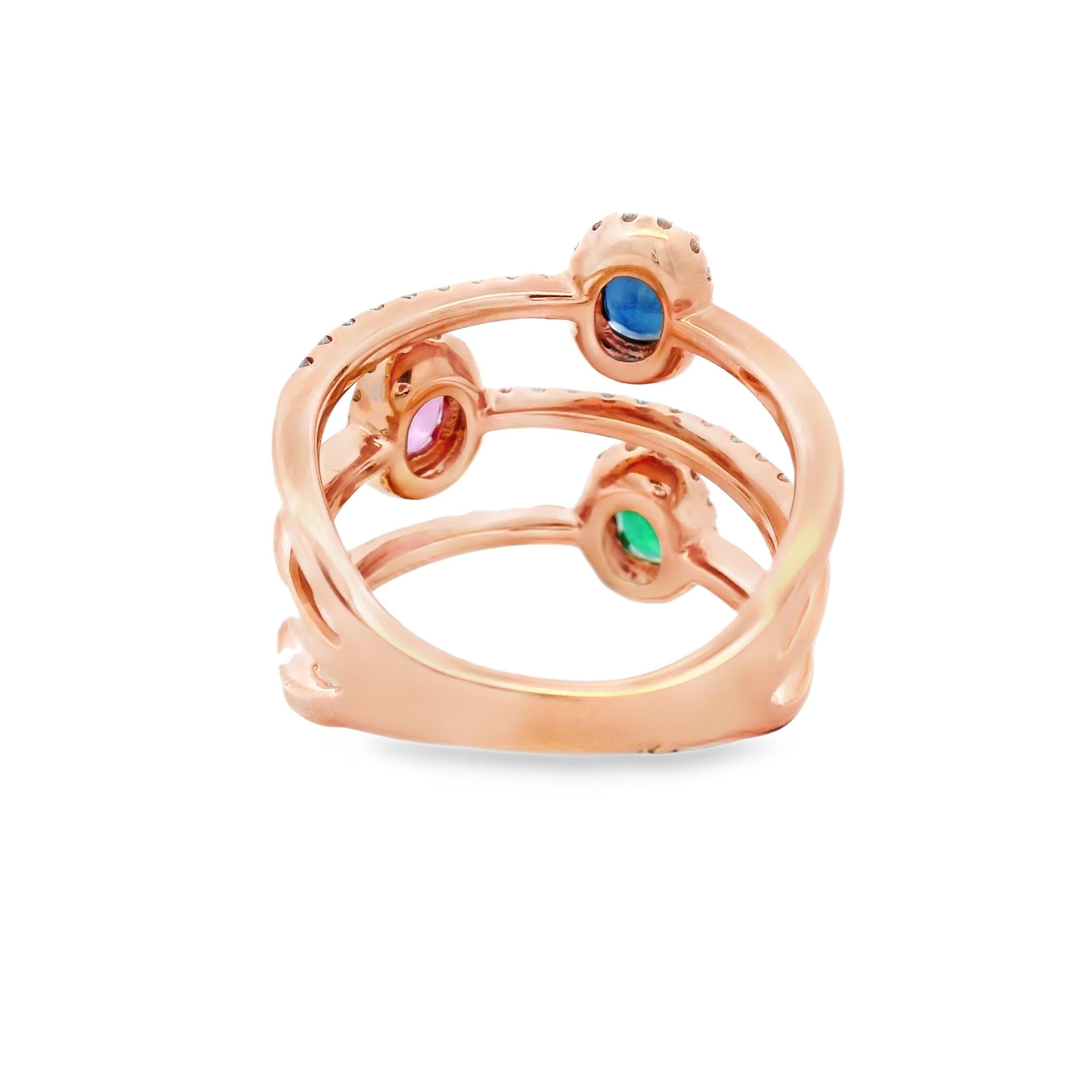 TriGemstone Sapphire Smaragd & Pink Sapphire Ring mit Diamanten aus 14K Rose Gold im Zustand „Neu“ im Angebot in New York, NY