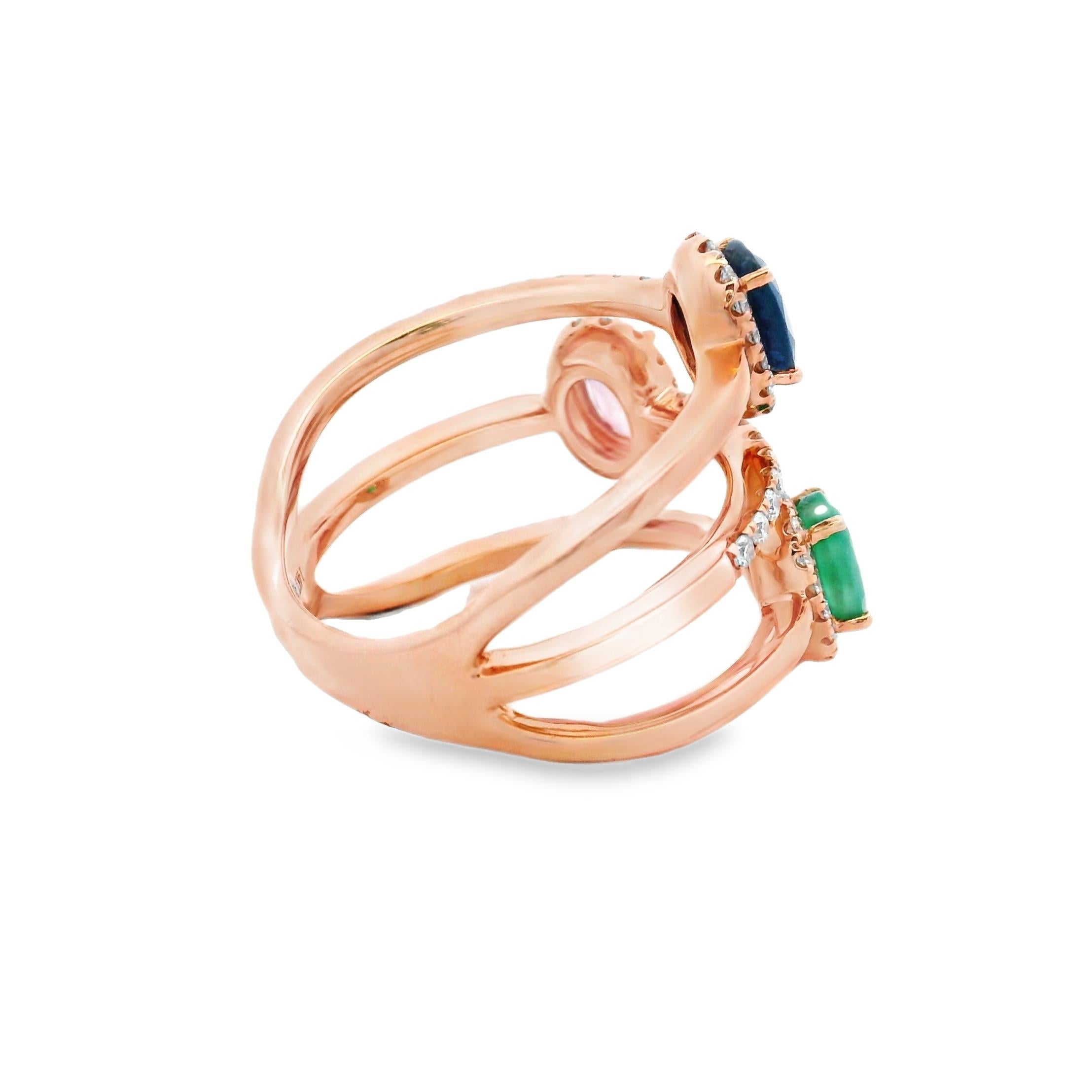 TriGemstone Sapphire Smaragd & Pink Sapphire Ring mit Diamanten aus 14K Rose Gold Damen im Angebot