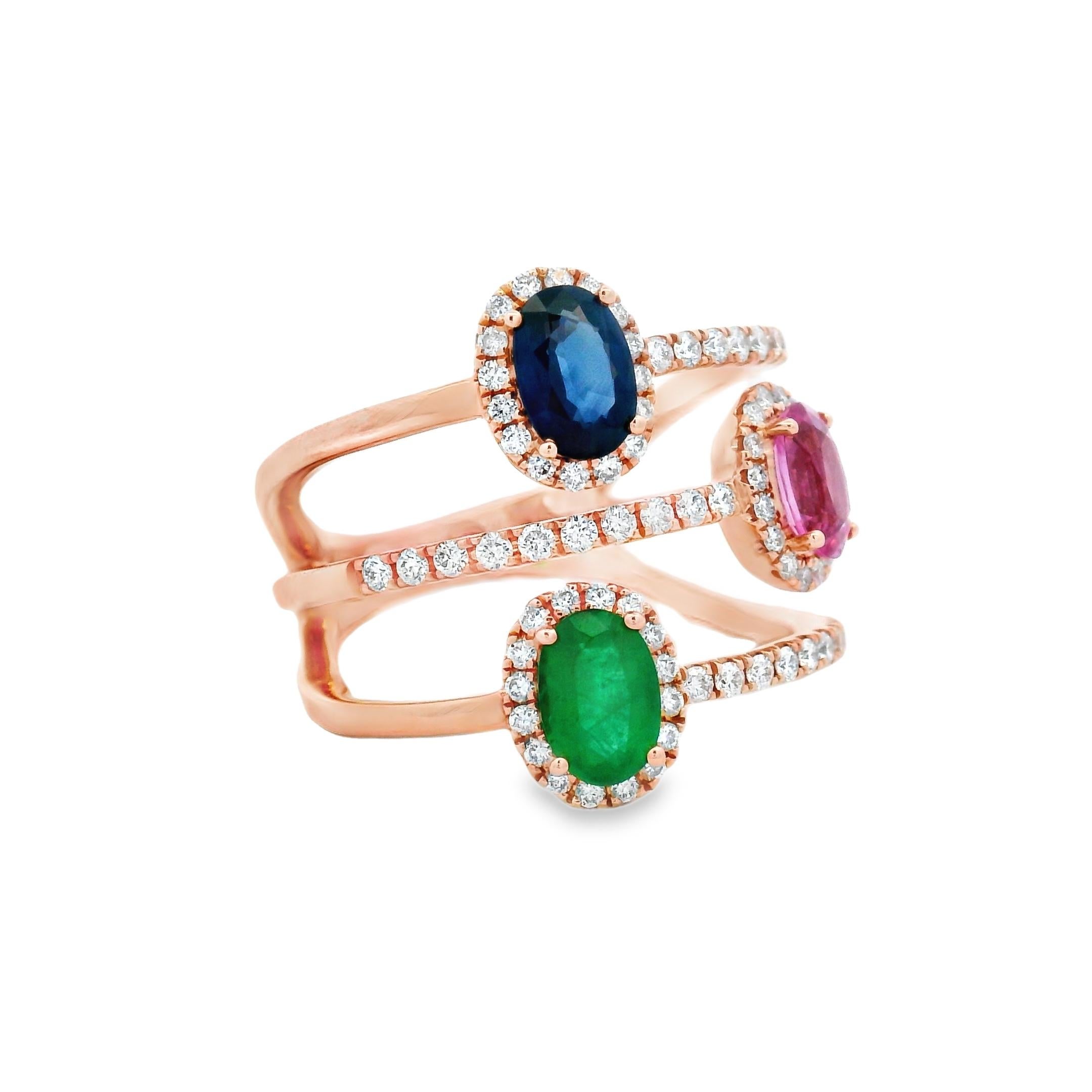 TriGemstone Sapphire Smaragd & Pink Sapphire Ring mit Diamanten aus 14K Rose Gold im Angebot 1