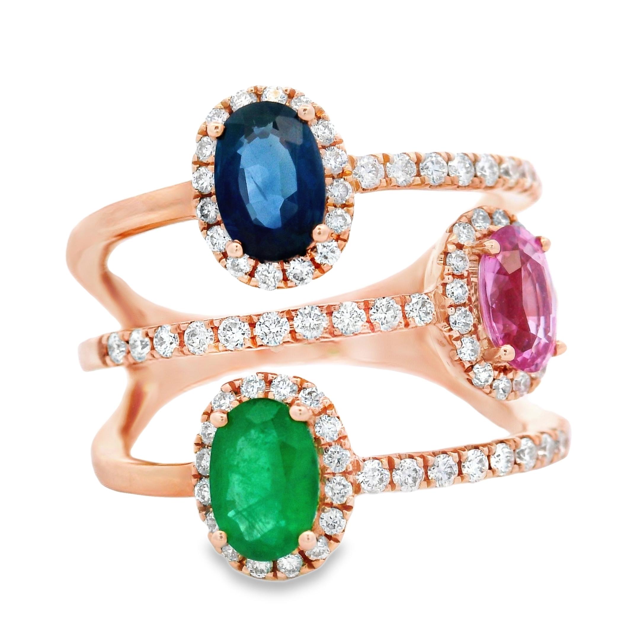 TriGemstone Sapphire Smaragd & Pink Sapphire Ring mit Diamanten aus 14K Rose Gold im Angebot 2