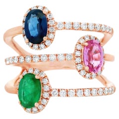 TriGemstone Sapphire Smaragd & Pink Sapphire Ring mit Diamanten aus 14K Rose Gold