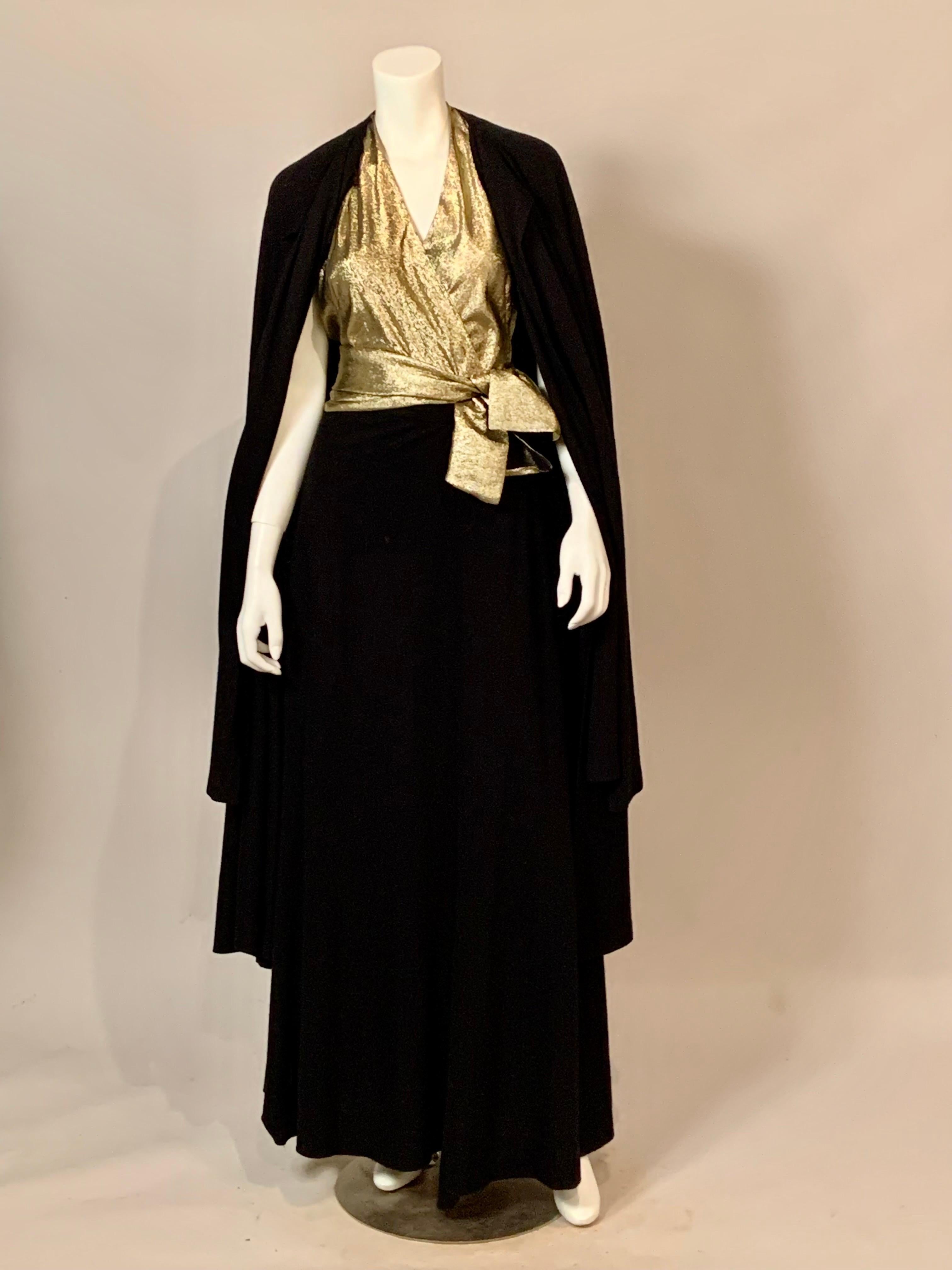 Trigere Gold Tissue Silk and Black Wool Three Piece Dress and Matching Cape For Sale 7