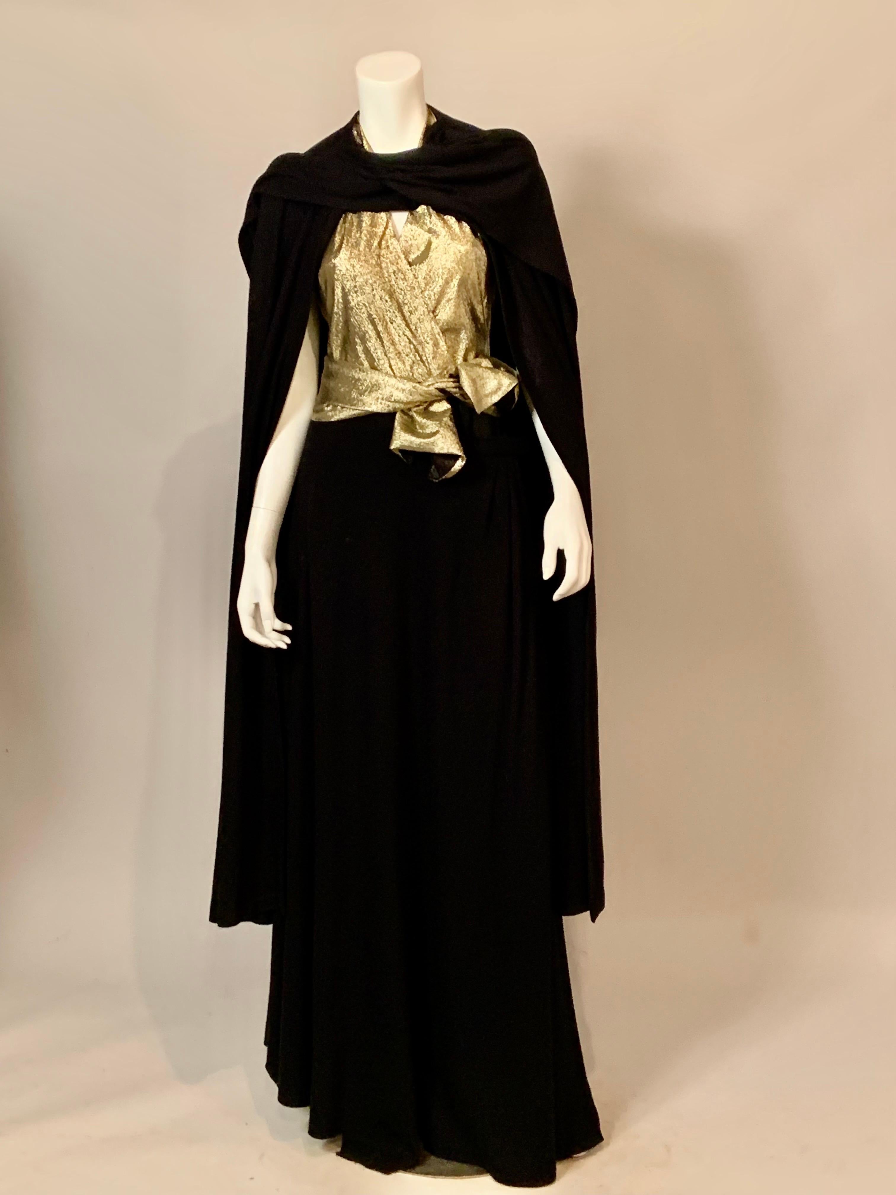 Trigere Gold Tissue Silk and Black Wool Three Piece Dress and Matching Cape For Sale 3