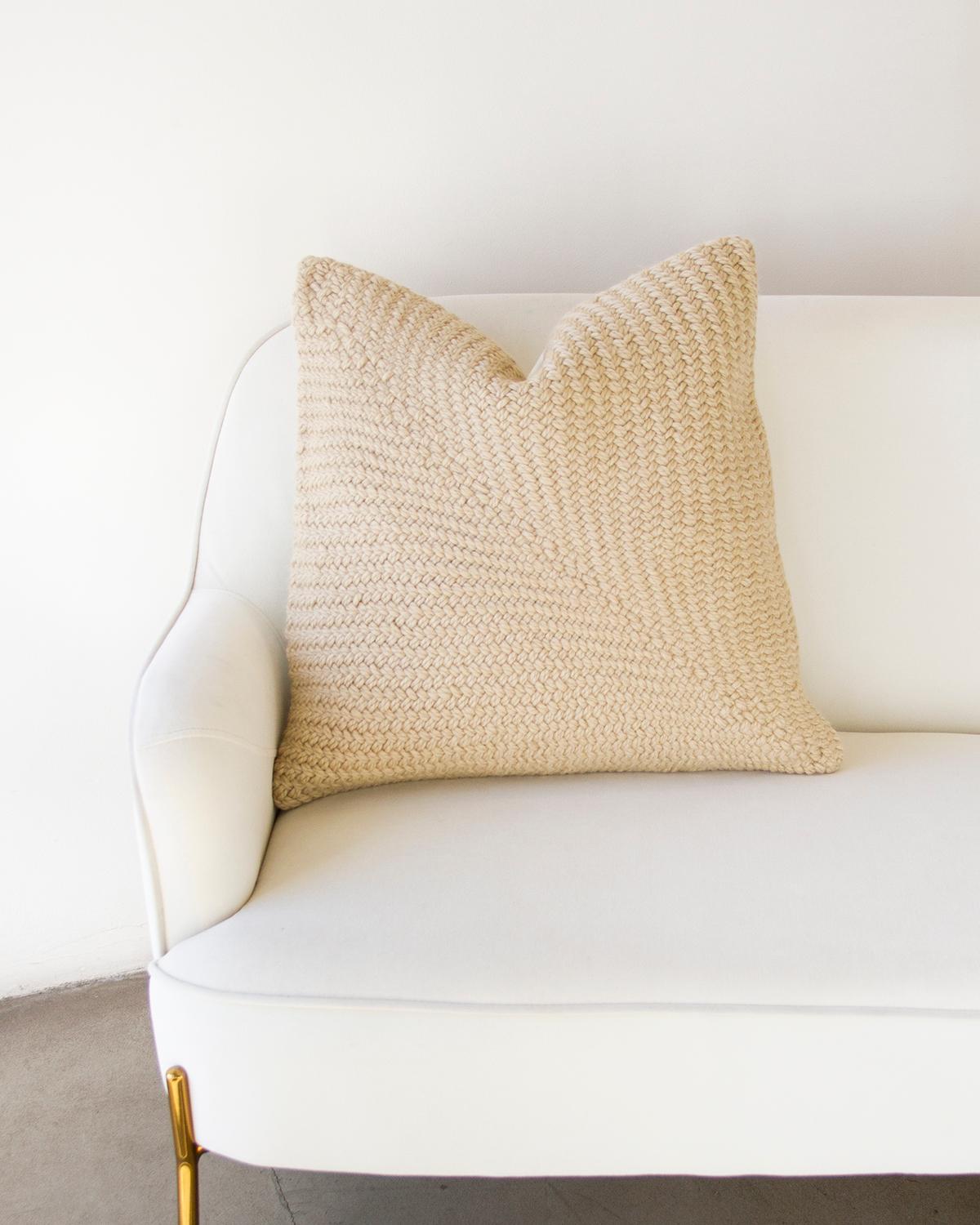 Organic Modern Trigo Beige Handwoven Herringbone Knit Wool Throw Pillow  For Sale