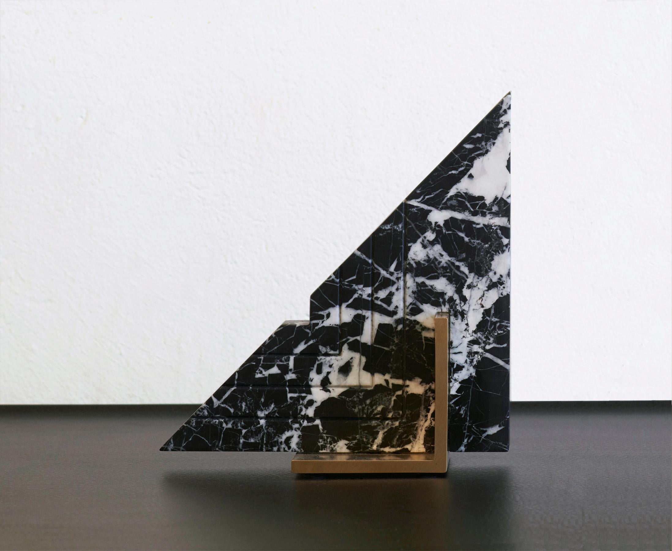Brushed Trigono Bookend in Black Marble and Brass For Sale