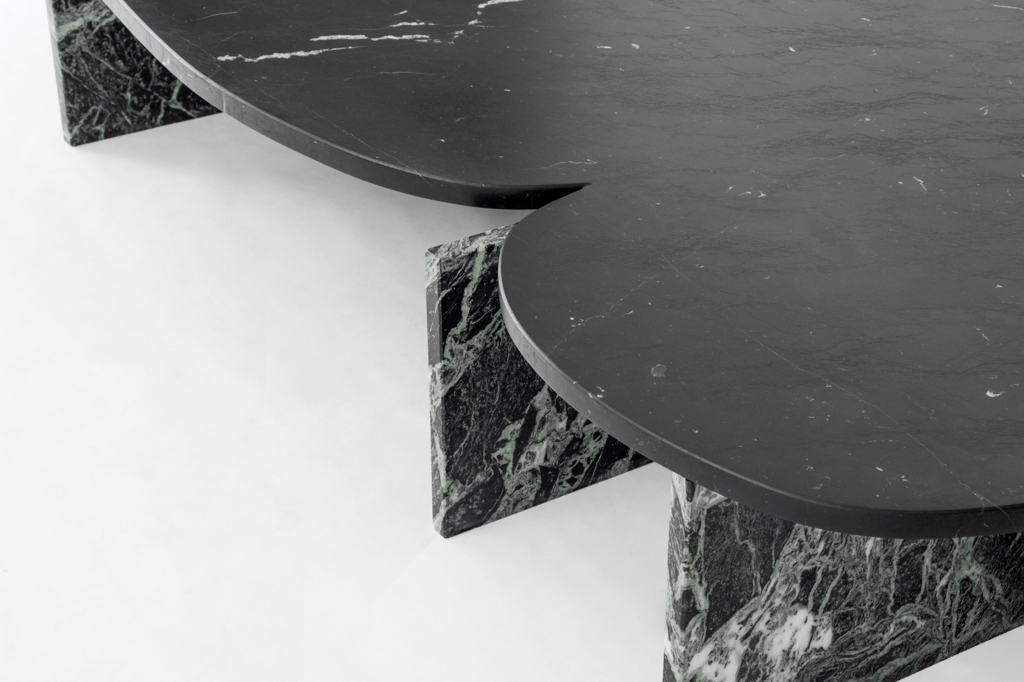 Trilithon Marble Coffee Table by OS And OOS
Dimensions: 200 x 110 x 37 cm
Materials: nero marquina and alpi verde marble
2018

Studio OS ∆ OOS is design studio for small objects to larger spatial concepts;
the studio tries to find the balance