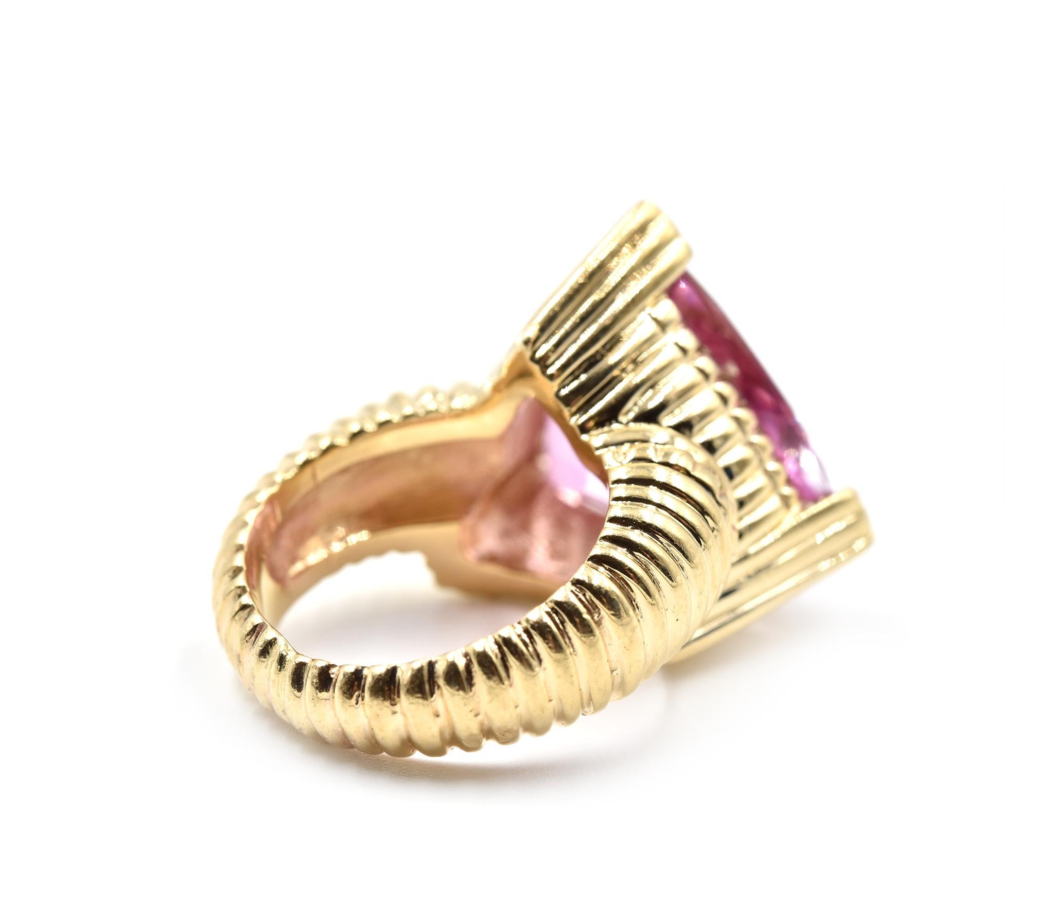 Trillion Cut Trilliant Cut Pink Tourmaline Ring 14 Karat Yellow Gold