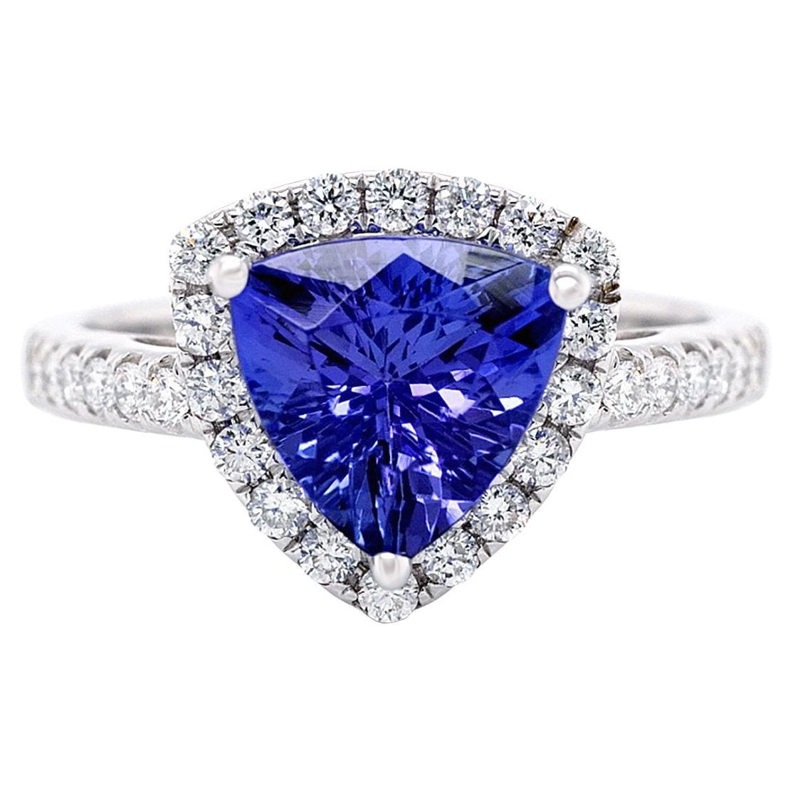 Trillion 2.16ct Tanzanite Ring with 0.38tct Diamond Halo in 14k White Gold For Sale