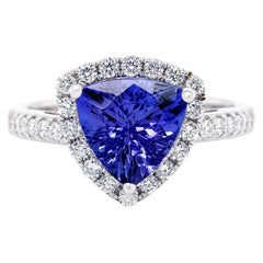 Used Trillion 2.16ct Tanzanite Ring with 0.38tct Diamond Halo in 14k White Gold