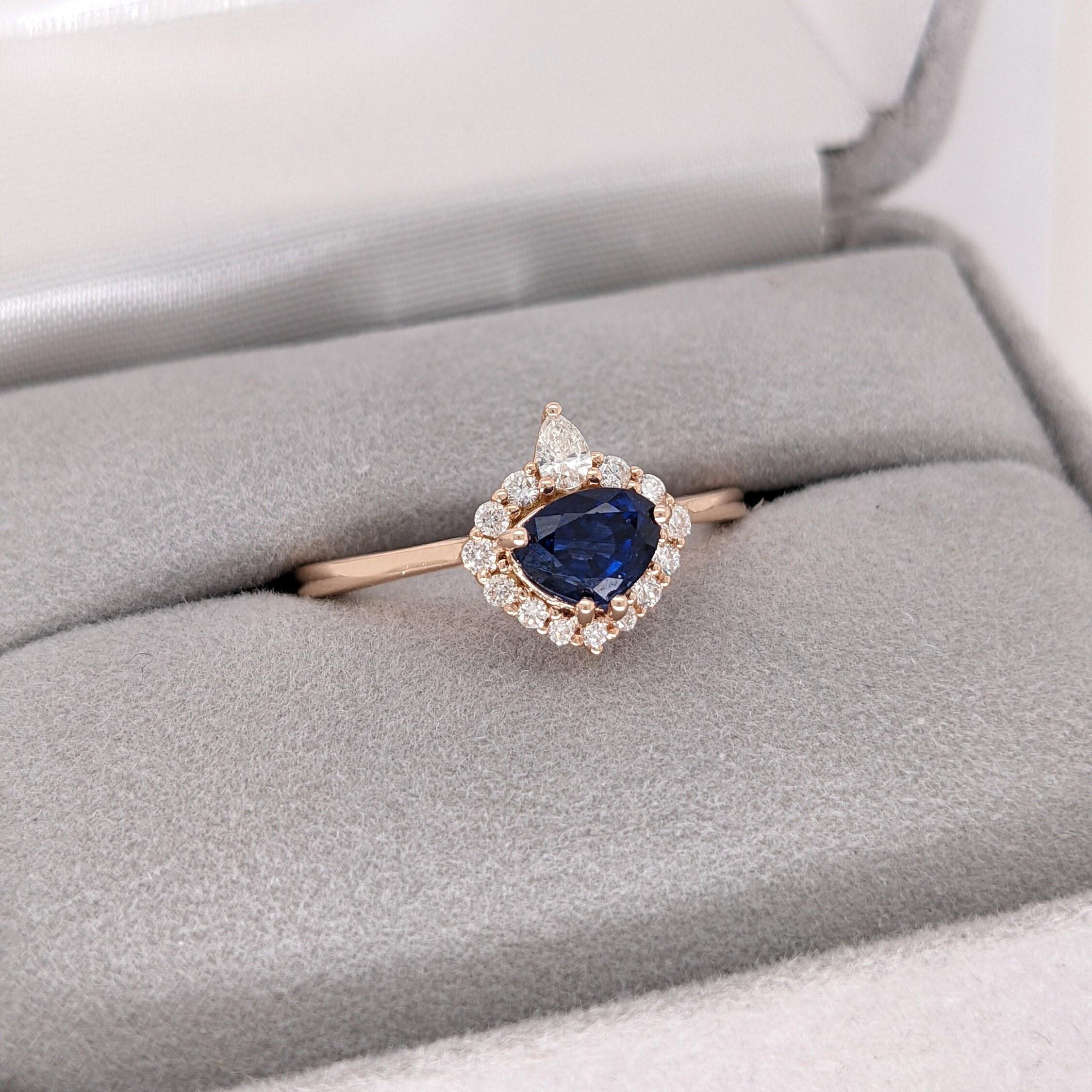 Trillion 6x4.5mm Ceylon Sapphire Ring w Earth Mined Diamonds in Solid 14K Gold im Angebot 1