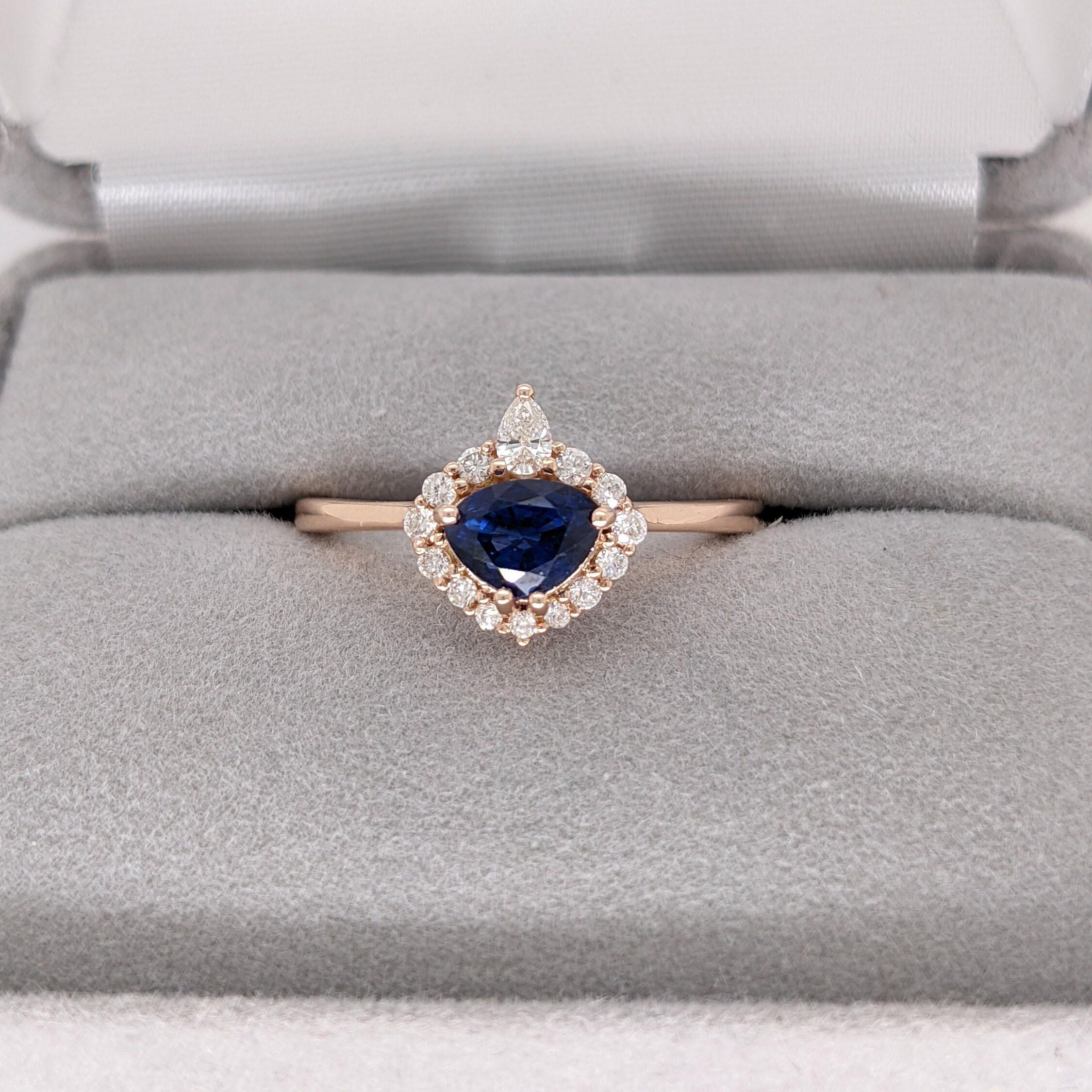 Trillion 6x4.5mm Ceylon Sapphire Ring w Earth Mined Diamonds in Solid 14K Gold im Angebot 2