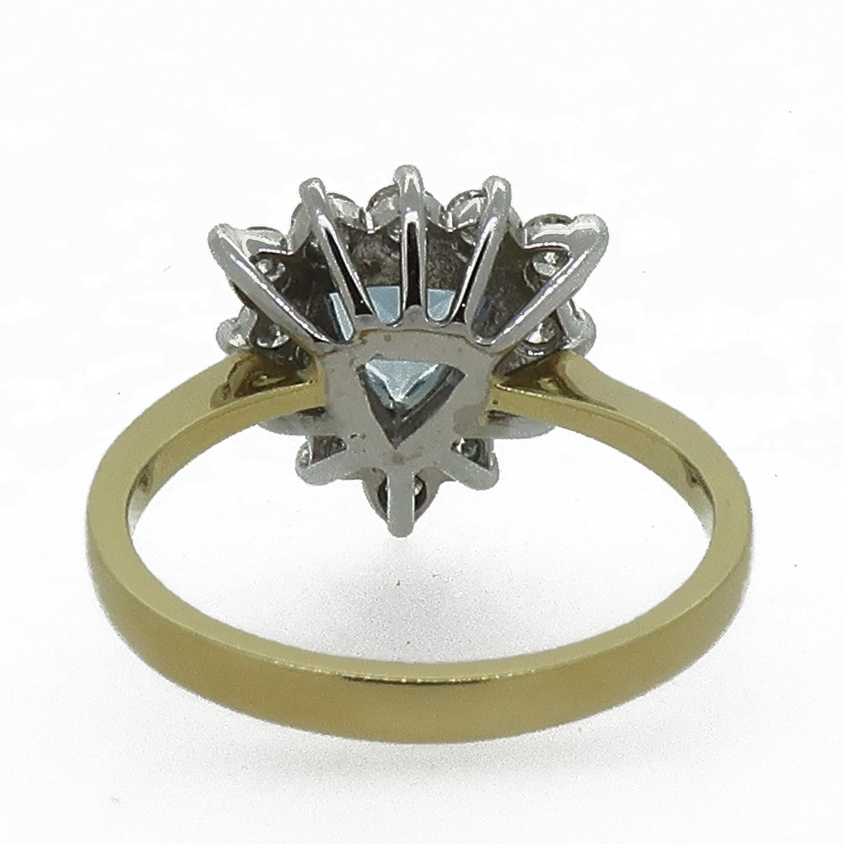 Contemporary Trillion Aquamarine and Diamond Claw Set Cluster Ring 18 Karat Yellow White Gold