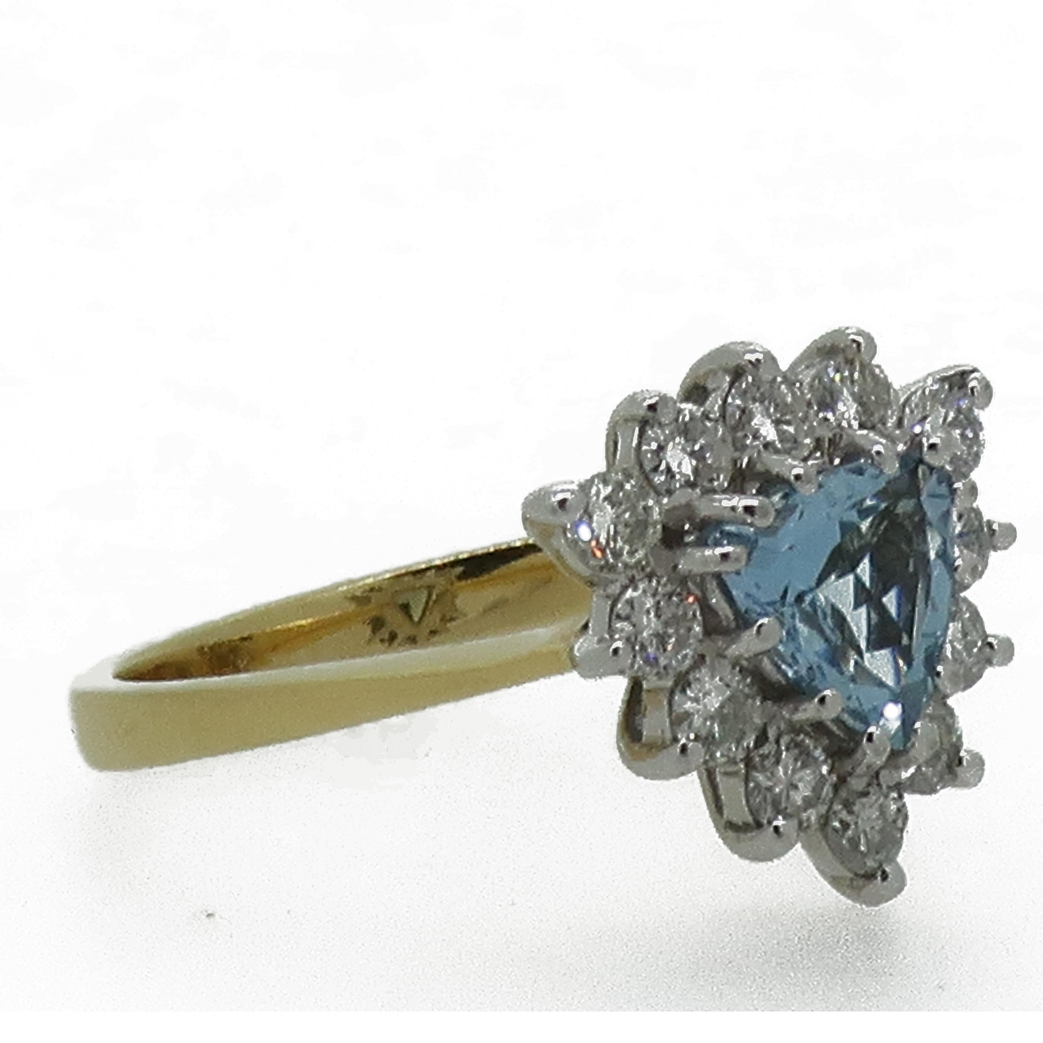 Trillion Aquamarine and Diamond Claw Set Cluster Ring 18 Karat Yellow White Gold In New Condition In East Grinstead, GB