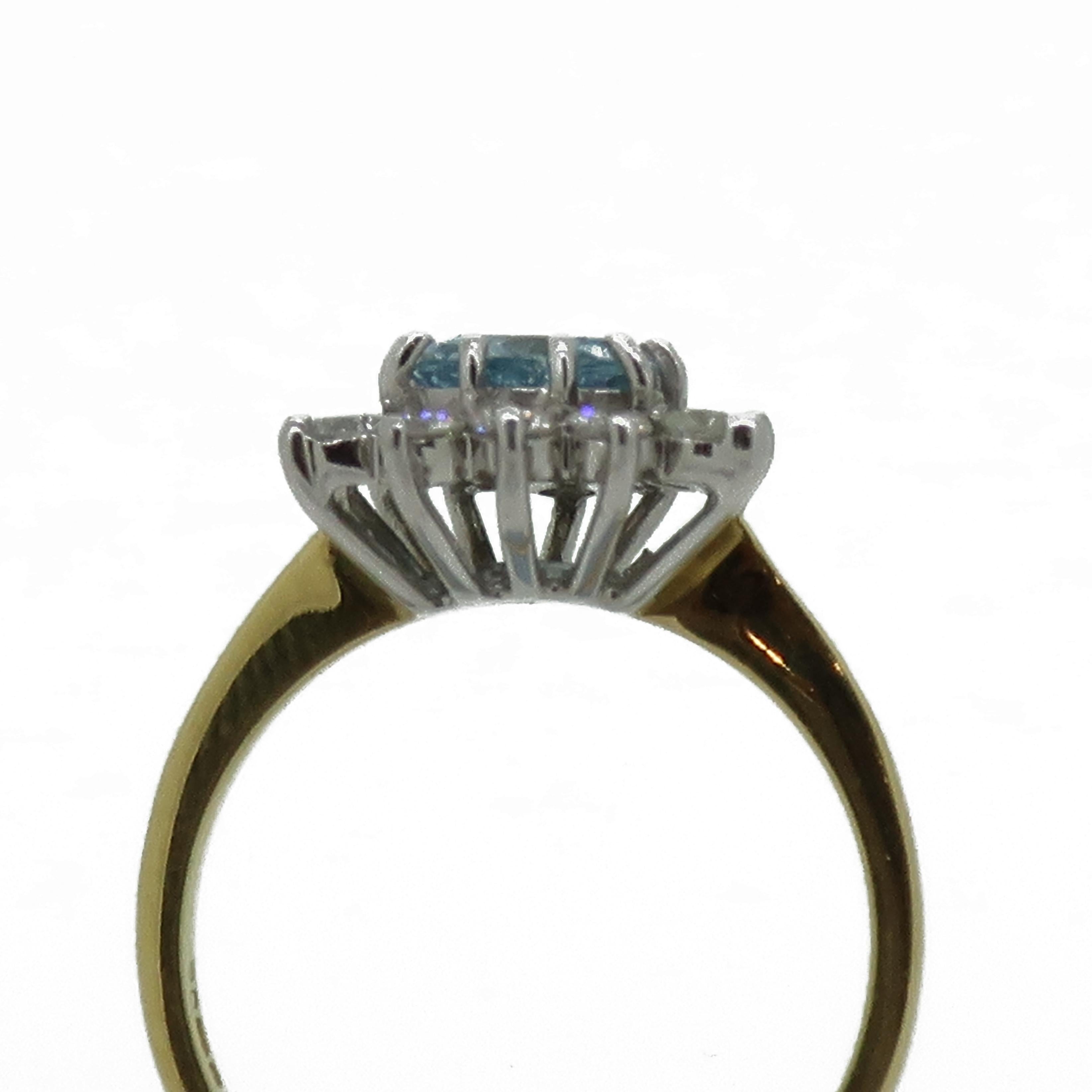 Women's Trillion Aquamarine and Diamond Claw Set Cluster Ring 18 Karat Yellow White Gold