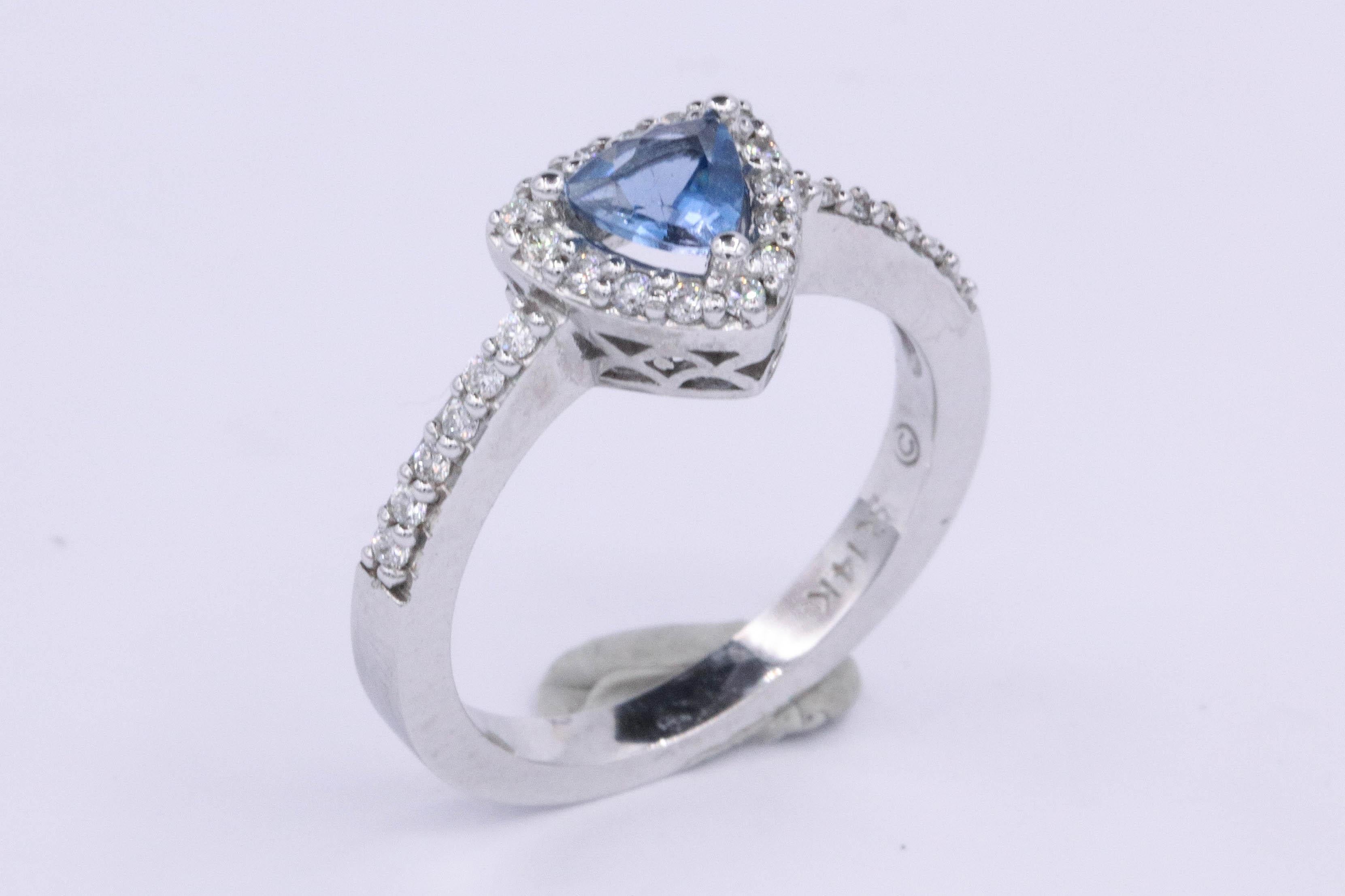 Contemporary Trillion Cut Aquamarine Diamond Halo Ring 0.65 Carats 14k