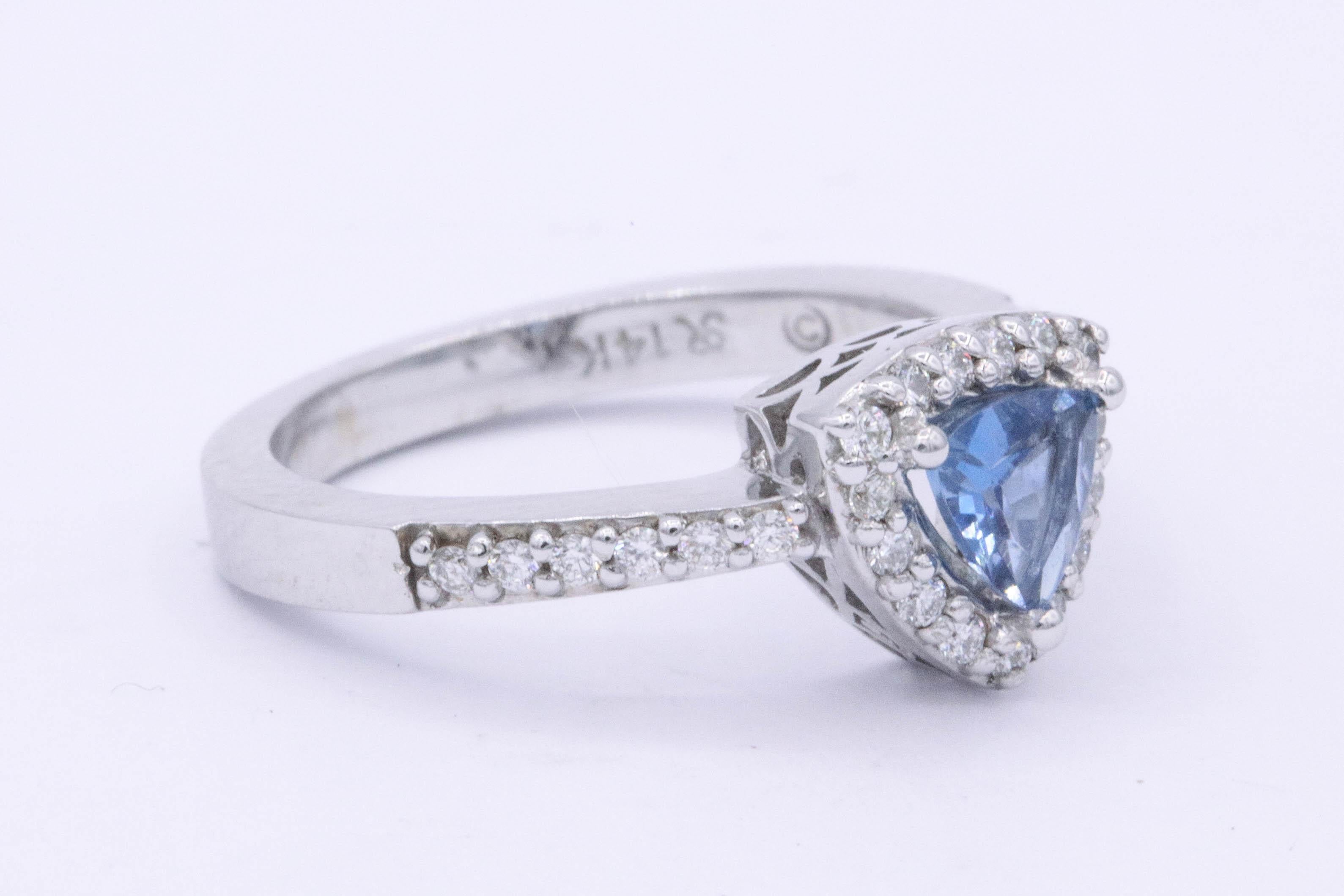 Trillion Cut Aquamarine Diamond Halo Ring 0.65 Carats 14k In New Condition In New York, NY