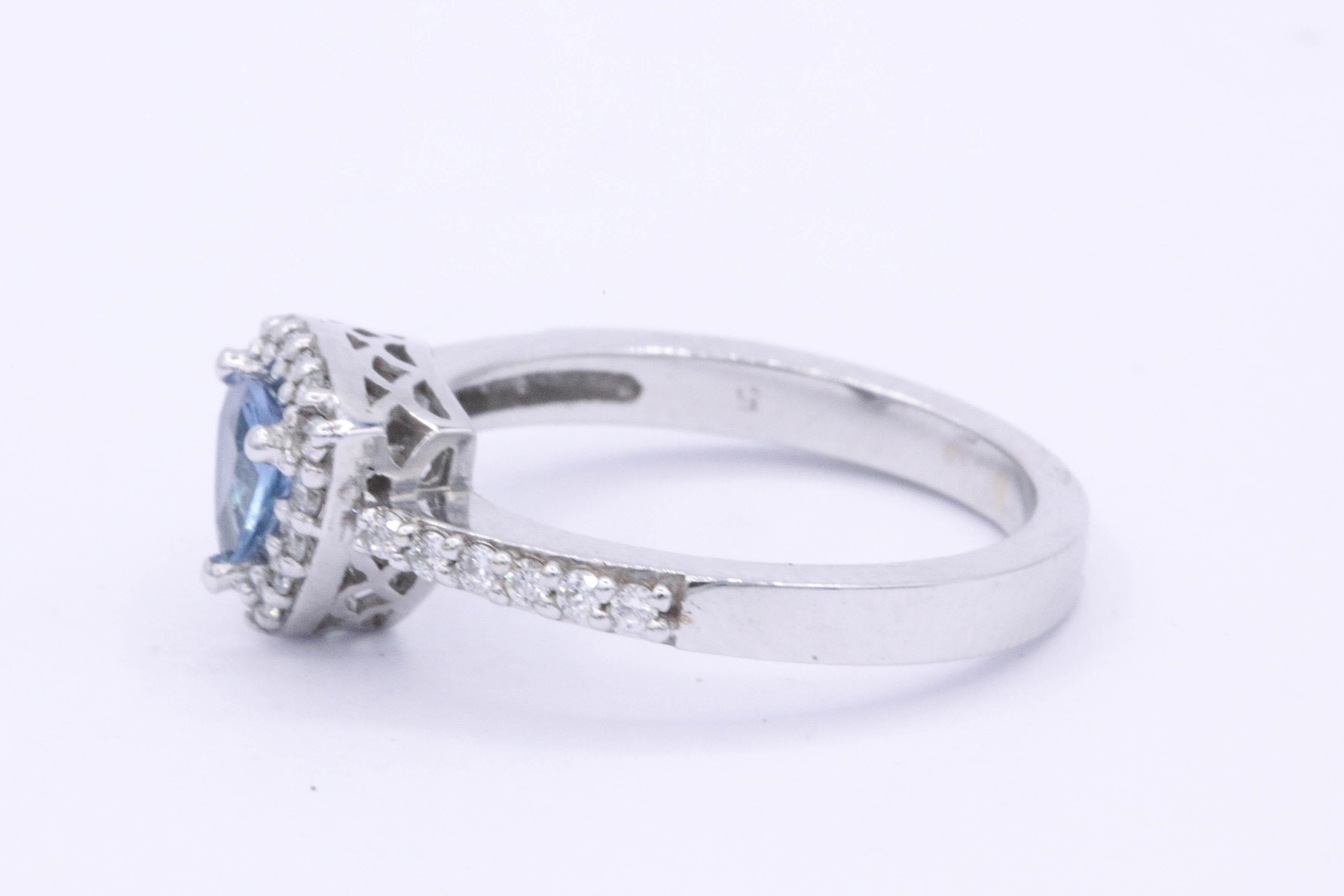 Women's Trillion Cut Aquamarine Diamond Halo Ring 0.65 Carats 14k