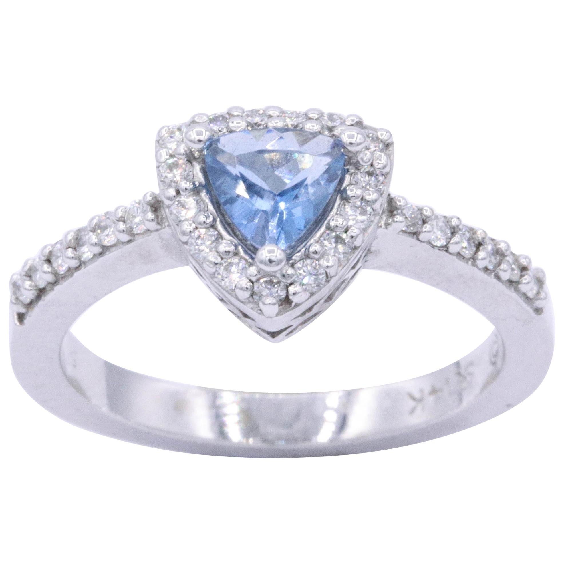 Trillion Cut Aquamarine Diamond Halo Ring 0.65 Carats 14k