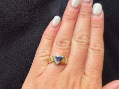 Trillion Blue Purple Tanzanite and 5 Diamond Ring in 14k Yellow Gold