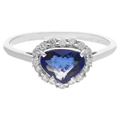 Trillion Blue Sapphire Diamond Halo Wedding Ring 18 Karat White Gold Jewelry