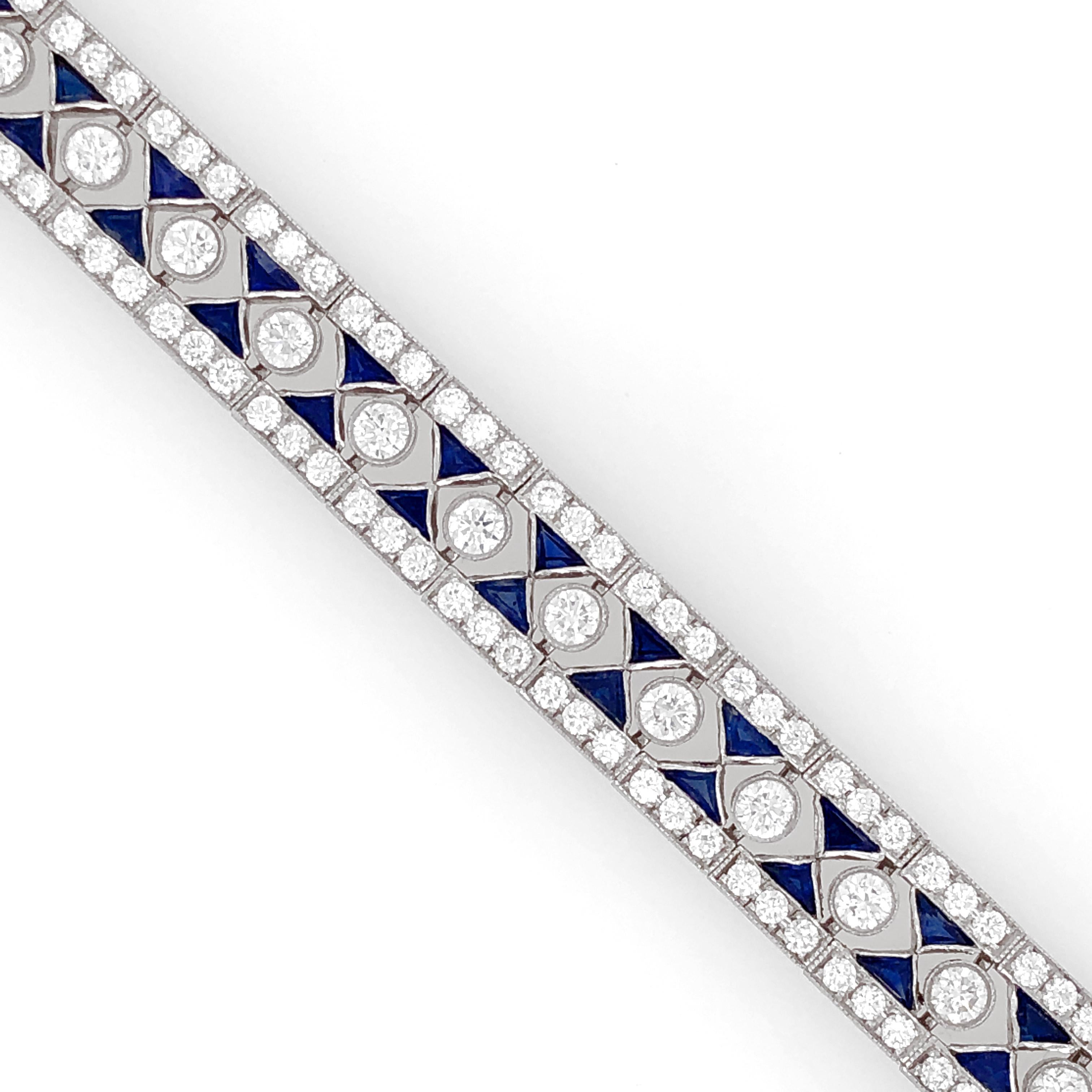 Contemporary Ceylon Trillion Sapphires 6.93 Carat Diamond Platinum Bracelet For Sale