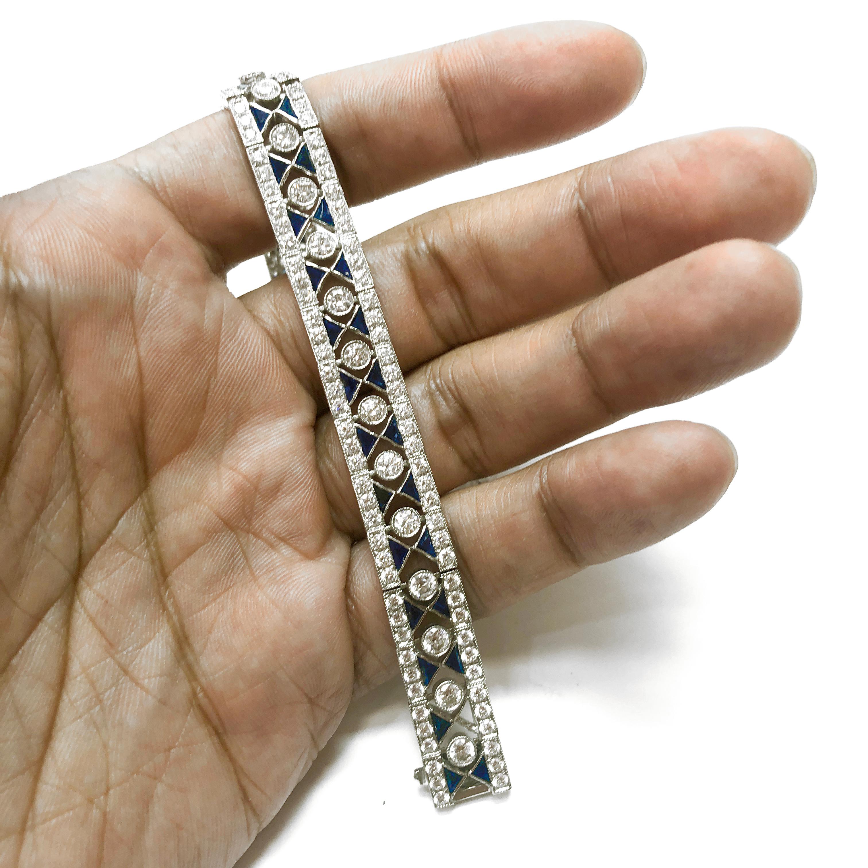 Ceylon Trillion Sapphires 6.93 Carat Diamond Platinum Bracelet In New Condition For Sale In New York, NY