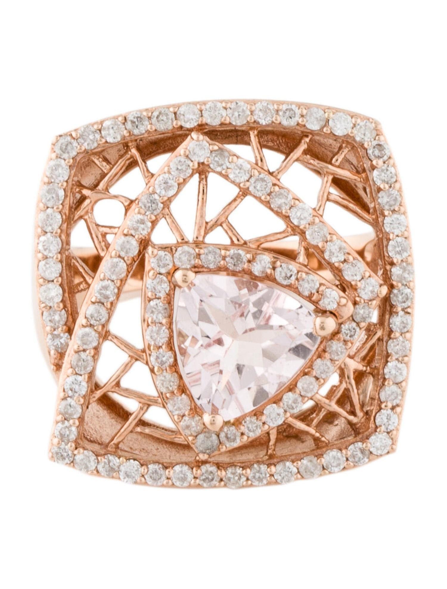 Trillion Cut 1.31 Carat Morganite and Diamond 14K Rose Gold Regal Ring In New Condition For Sale In New York, NY