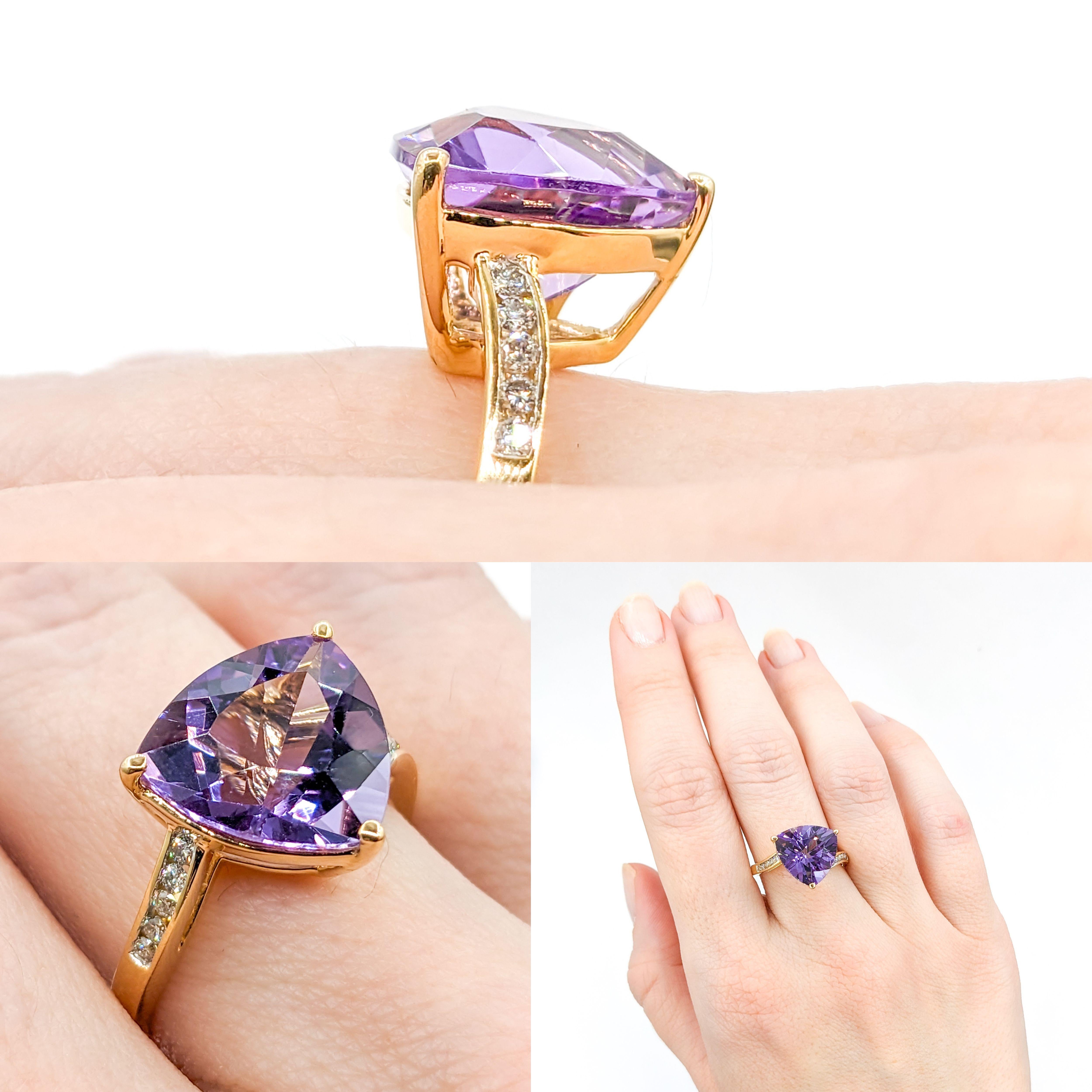 Contemporary Trillion Cut Amethyst & Diamond Ring in 14K Gold For Sale