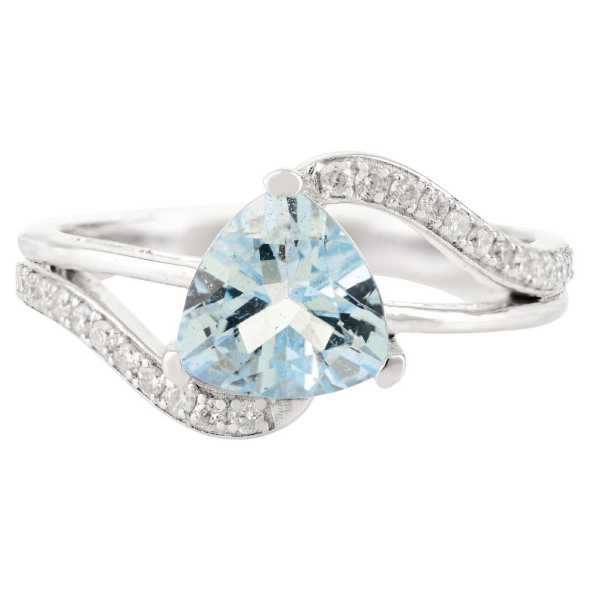 For Sale:  Trillion-Cut Aquamarine & Diamond Wave Ring in 18K White Gold Graduation Gift