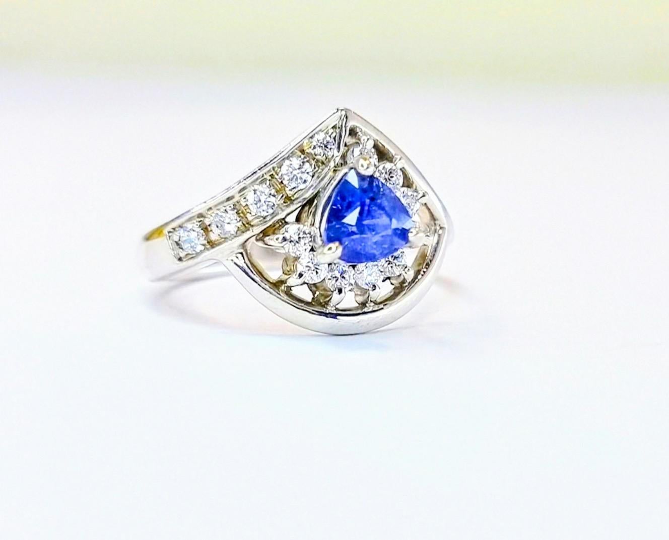 Women's or Men's Trillion Cut Blue Sapphire Statement Ring For Sale