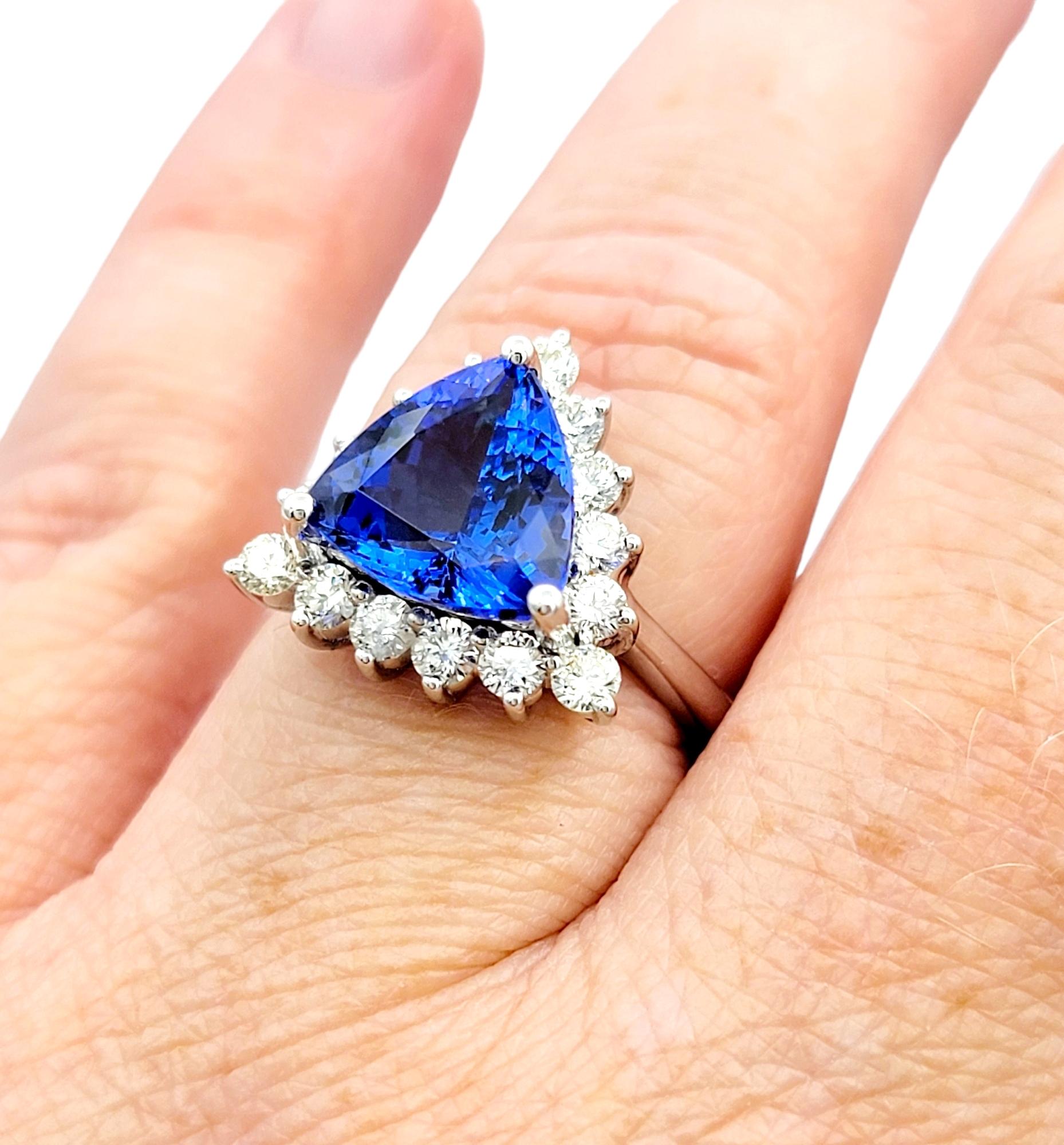 Trillion Cut Blue Tanzanite and Round Diamond Halo Ring in 14 Karat White Gold For Sale 2