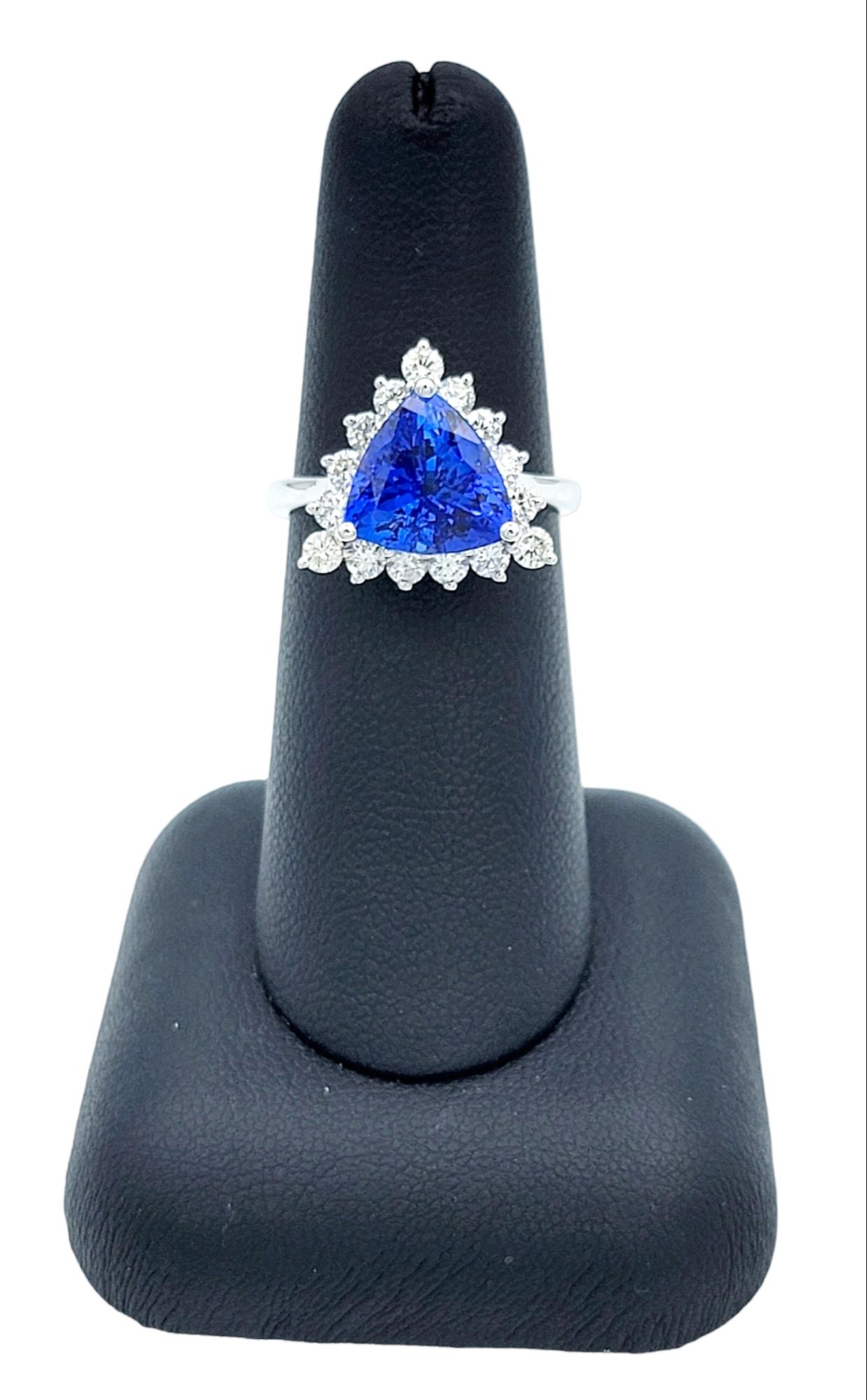 Trillion Cut Blue Tanzanite and Round Diamond Halo Ring in 14 Karat White Gold For Sale 3