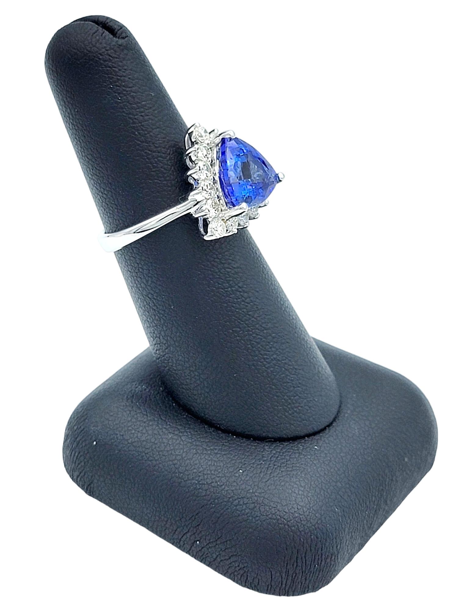 Trillion Cut Blue Tanzanite and Round Diamond Halo Ring in 14 Karat White Gold For Sale 4