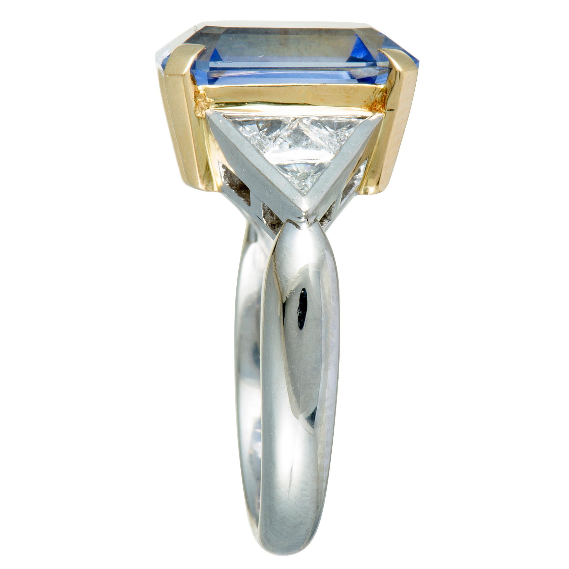 Trillion Cut Diamond and Cushion Sapphire Platinum and Yellow Gold Ring In Excellent Condition In Southampton, PA