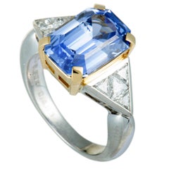 Trillion Cut Diamond and Cushion Sapphire Platinum and Yellow Gold Ring