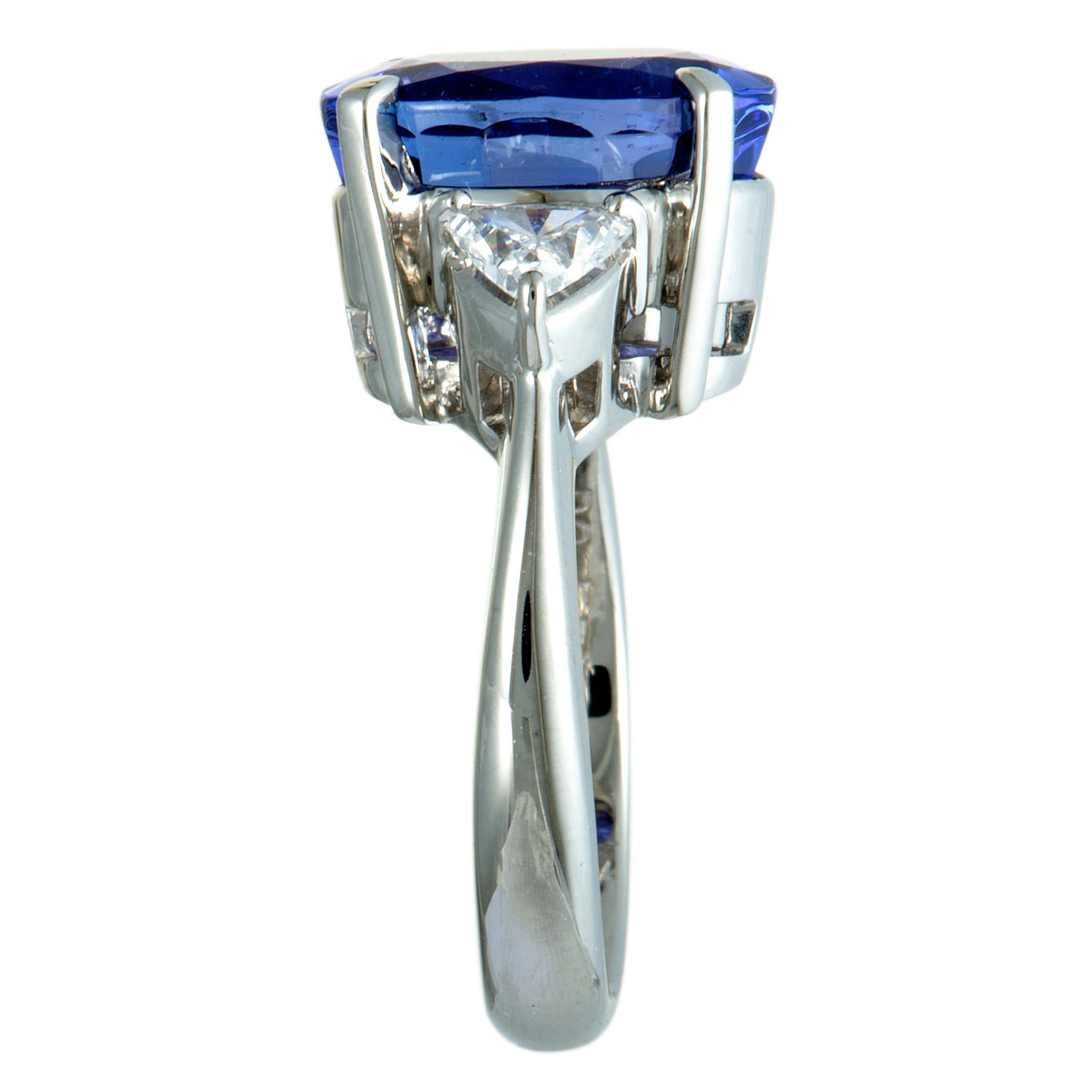 Trillion Cut Diamonds and Oval Tanzanite Platinum Ring In Excellent Condition In Southampton, PA