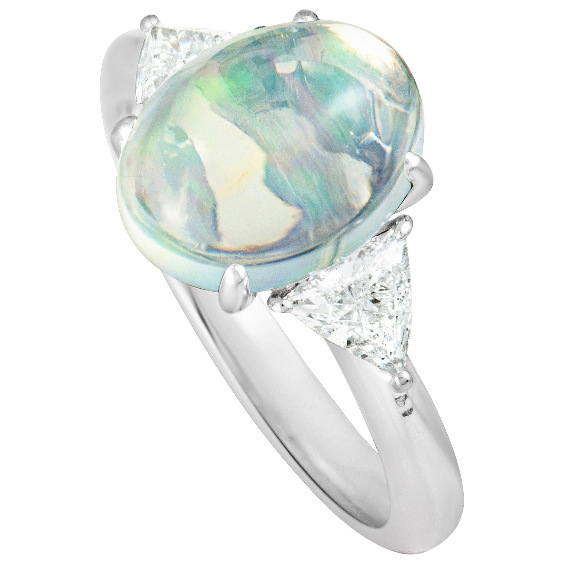 Trillion Cut Diamonds Oval Opal Platinum Ring