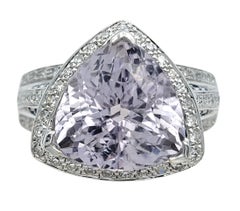 Trillion Cut Kunzite Cocktail Ring with Diamonds & Sapphires 14 Karat White Gold