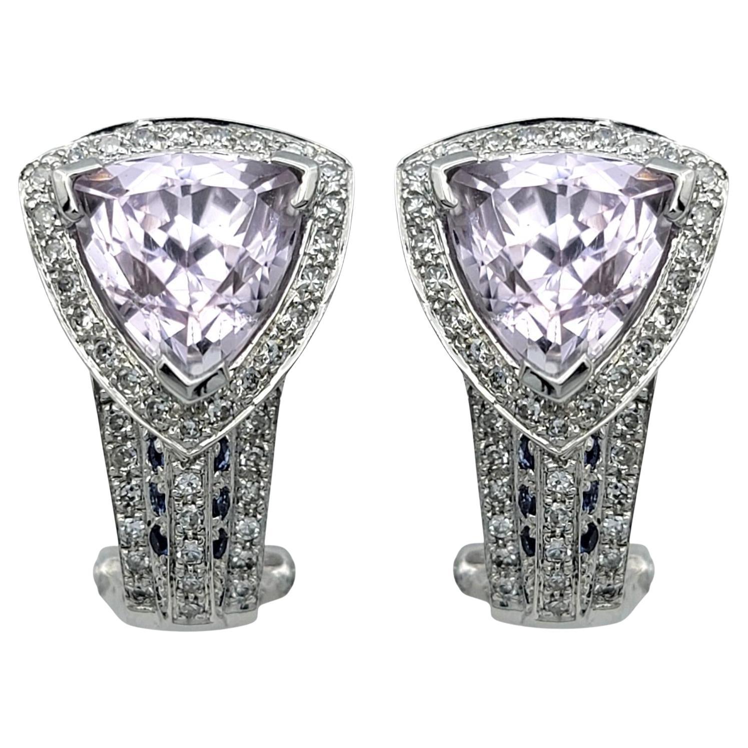 Trillion Cut Kunzite Omega Back Earrings with Diamonds 
Sapphire 14K White Gold For Sale