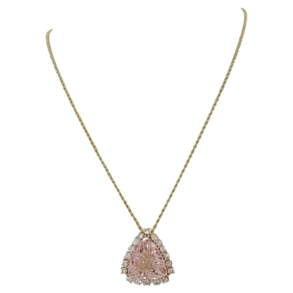 Modern Trillion Cut Morganite & Round Cut Diamond Halo Pendant Necklace For Sale