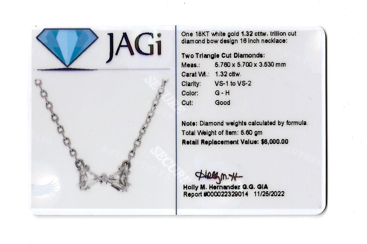 Trillion Cut Natural Diamond Bowtie Pendant Necklace in 18 Karat White Gold For Sale 8