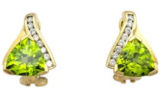 Trillion Cut Peridot and Round Diamond Earrings in 18 Karat Yellow Gold