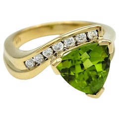 Trillion Cut Peridot Bypass Cocktail Ring with Diamonds in 18 Karat Yellow Gold